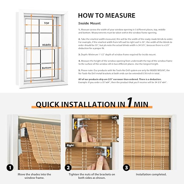 LAZBLINDS NO TOOLS NO DRILL CORDLESS BAMBOO ROMAN SHADES, LIGHT FILTERING WINDOW TREATMENT, ROLL UP BAMBOO BLINDS FOR WINDOW 26” W X 64” H, BROWN