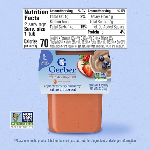 GERBER STAGE 2 BABY FOOD, APPLE STRAWBERRY BLUEBERRY OATMEAL CEREAL TUBS, IRON HELPS SUPPORT BRAIN DEVELOPMENT, NO ARTIFICIAL FLAVORS, BABY CEREAL, 2-PACK