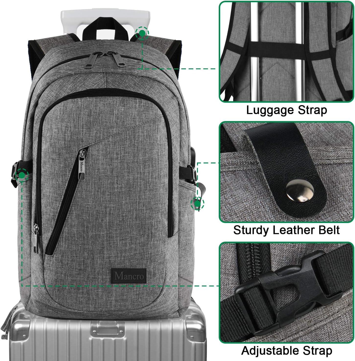 Laptop Backpack, Business Water Resistant Laptops Backpack Gift for Men Women with Lock and USB Charging Port, Mancro Anti Theft College School Bookbag, Travel Computer Bag for 15.6 Inch Laptops,Grey: Computers & Accessories