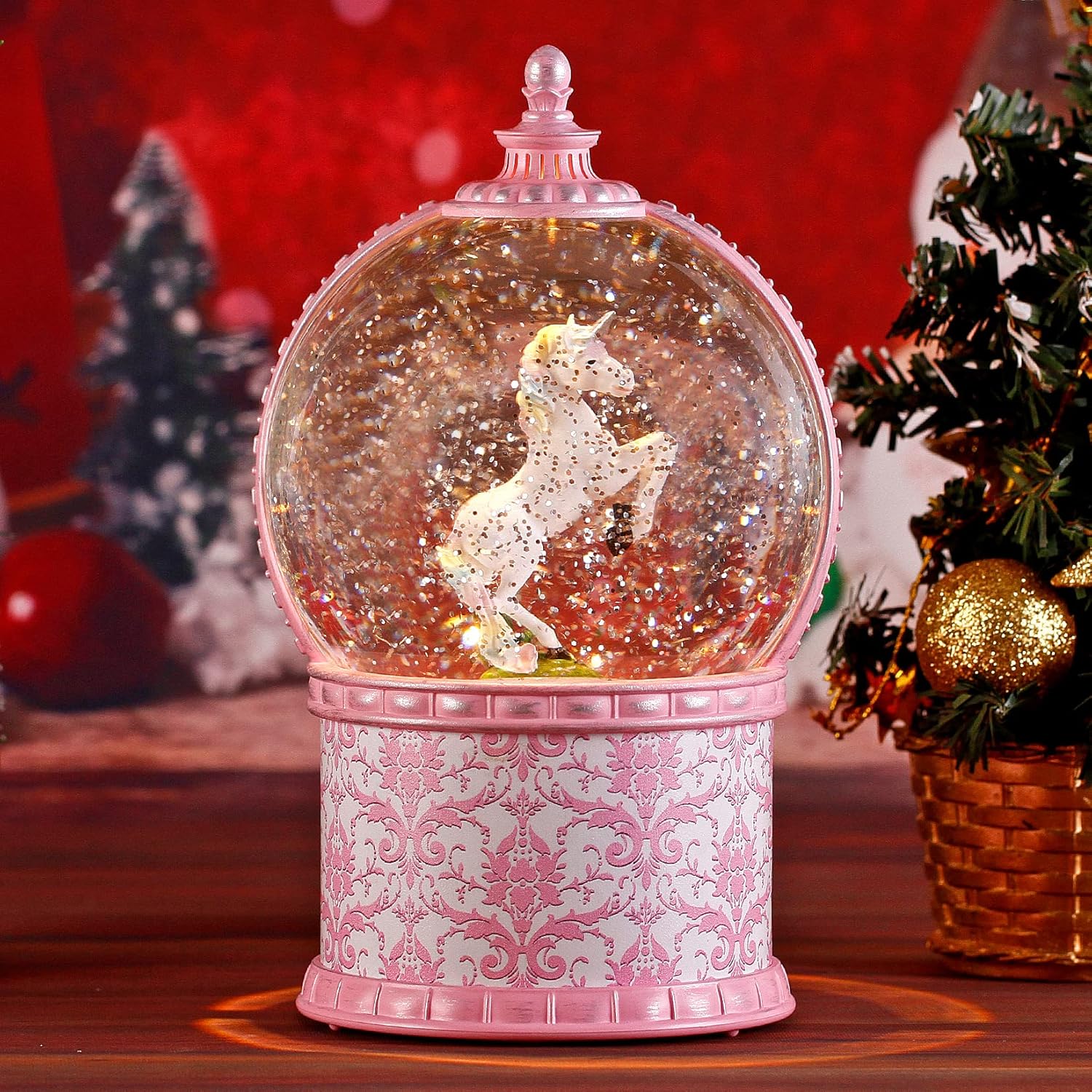Snow Globes - Unicorn Musical Snow Globe, 7.1 Inch Lighted Christmas Snow Globes with Swirling Glitter, Battery Operated & USB Powered Music Box Valentines Day Gifts for Girls, Women