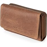 BERLINER BAGS Vintage Genuine Leather Wallet Vienna, RFID Blocking Credit Card Holder, Trifold Clutch Purses, Zip Around Womens Wallet for 19 cards, ID window, Bills, Coins - Brown