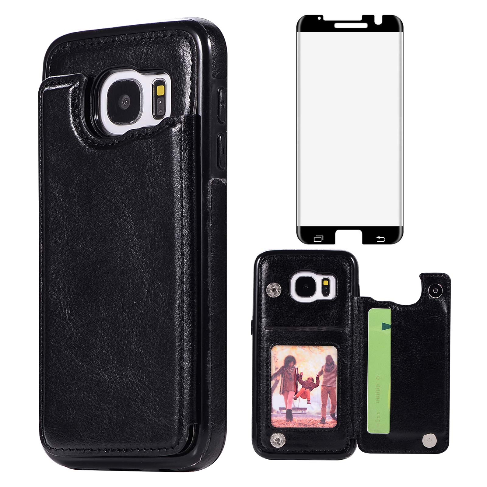 Asuwish Compatible with Samsung Galaxy S7 Edge Wallet Case and Tempered Glass Screen Protector Card Holder Stand Cell Cover Phone Cases for Glaxay S7edge Gaxaly S 7 Plus Galaxies GS7 7s 7edge Black