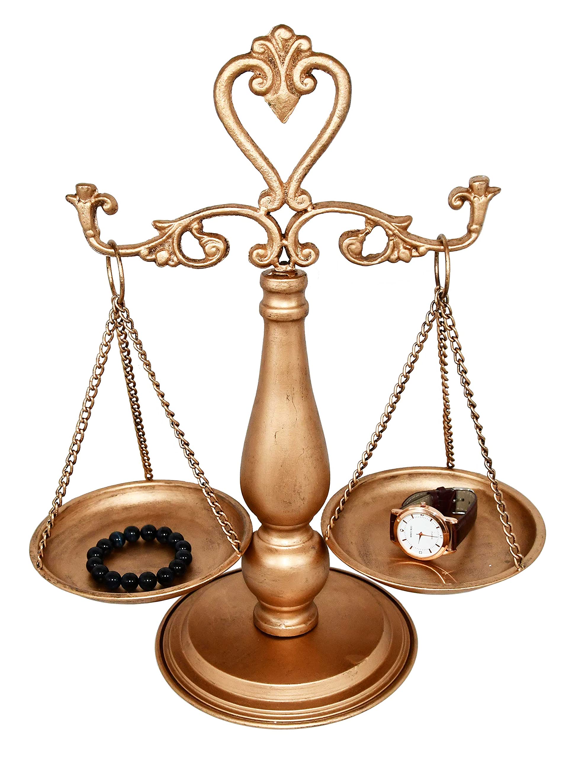 OwlGift Vintage Metal Lawyer Scale of Justice Libra, Decorative Jewelry Storage, Tray Cosmetic Organizer, Farmhouse Candleholder Display, Home Décor Centerpiece Stand – Golden, 15“ W x 17” H