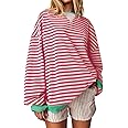 Fisoew Womens Striped Oversized Sweatshirt Color Block Crew Neck Long Sleeve Shirt Casual Loose Pullover Top Y2K Clothes