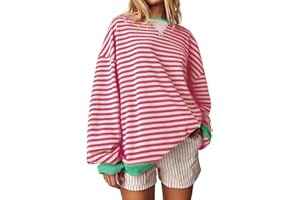 Fisoew Womens Striped Oversized Sweatshirt Color Block Crew Neck Long Sleeve Shirt Casual Loose Pullover Top Y2K Clothes