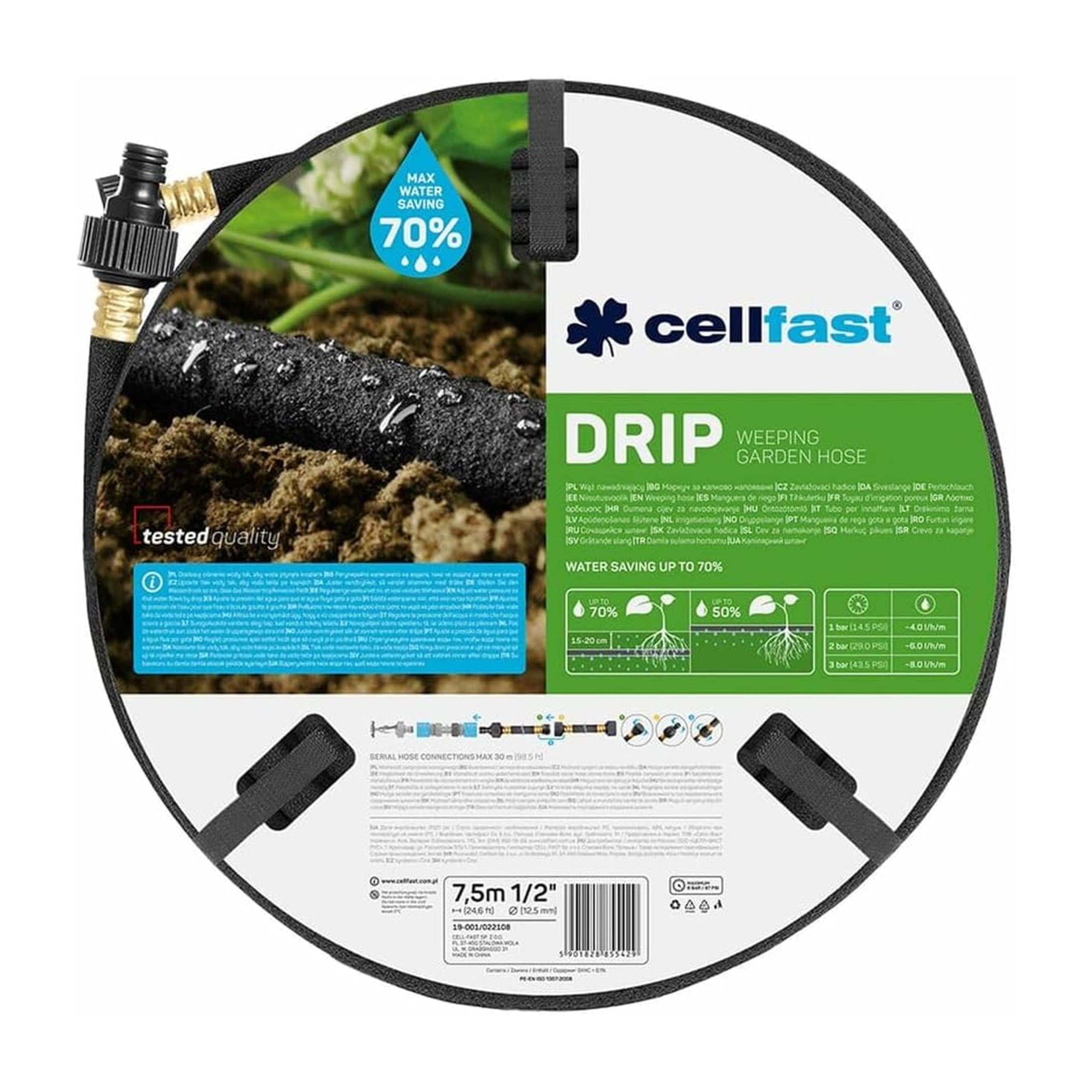 Cellfast Weeping Hose DRIP 1/2'' 7.5m (25 ft), Irrigation Hose, Economical and Precise Plant Watering, Fixed Nozzles, Black, 19-001