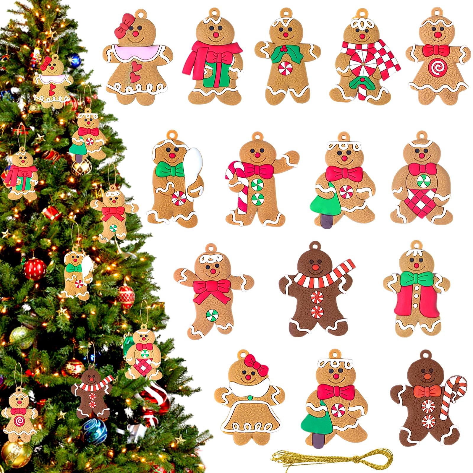 Furuising 15Pcs Christmas Gingerbread Man Ornaments, Cute Gingerbread Christmas Decorations, Christmas Tree Hanging Pendant for Decoration Party Supplies