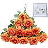 LVEFIT 12pcs Artificial Rose Flower Orange Rose Orange Flower with Long Stem Silk Roses Bouquet for Wedding Bridal Shower Party Home Decoration