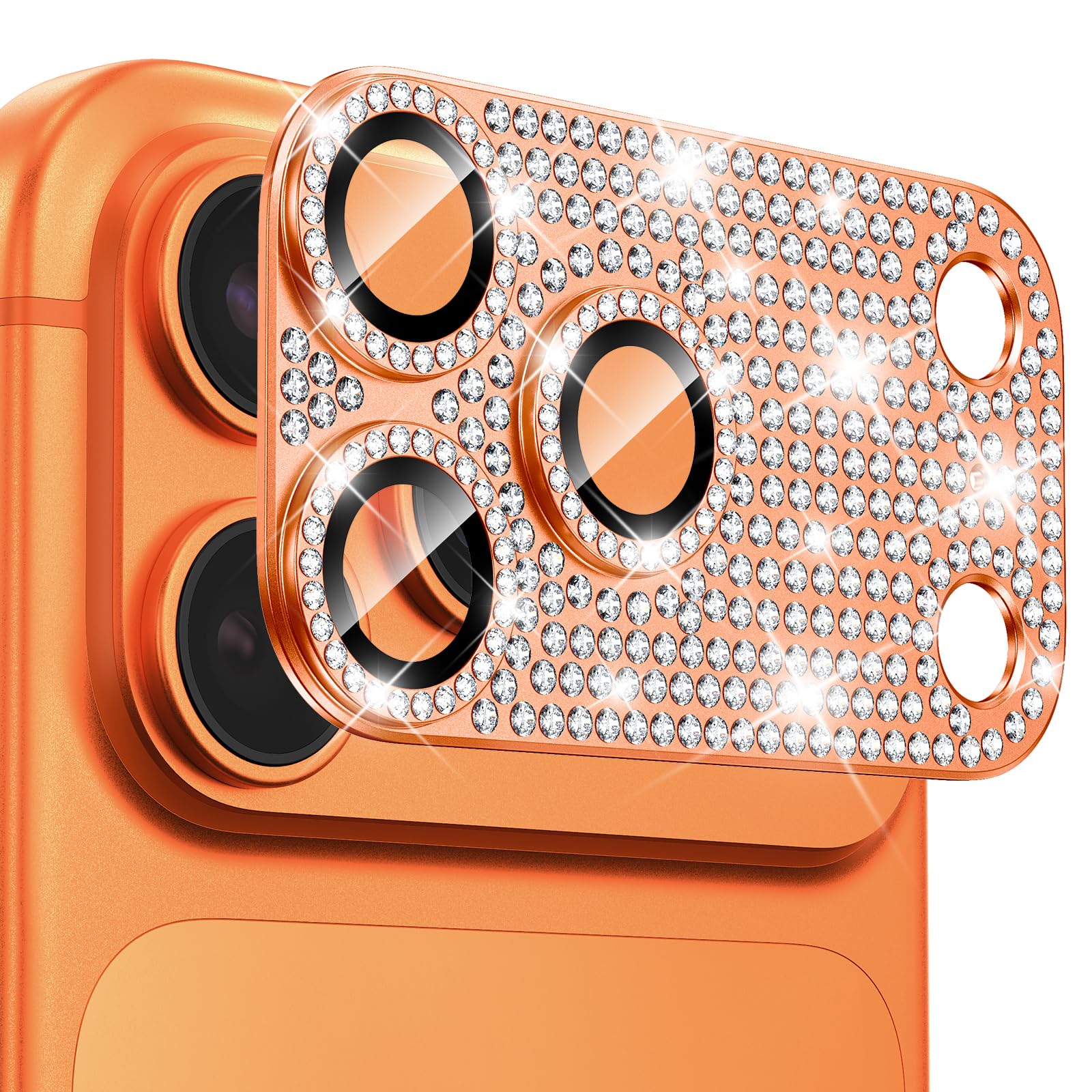 Goton for iPhone 17 Pro Camera Lens Protector Diamond Bling- Not Easy to Fall, Strong Adsorption, Glitter Metal Aluminum Alloy Rear Camera Screen Cover Accessories for 17Pro, Light Orange