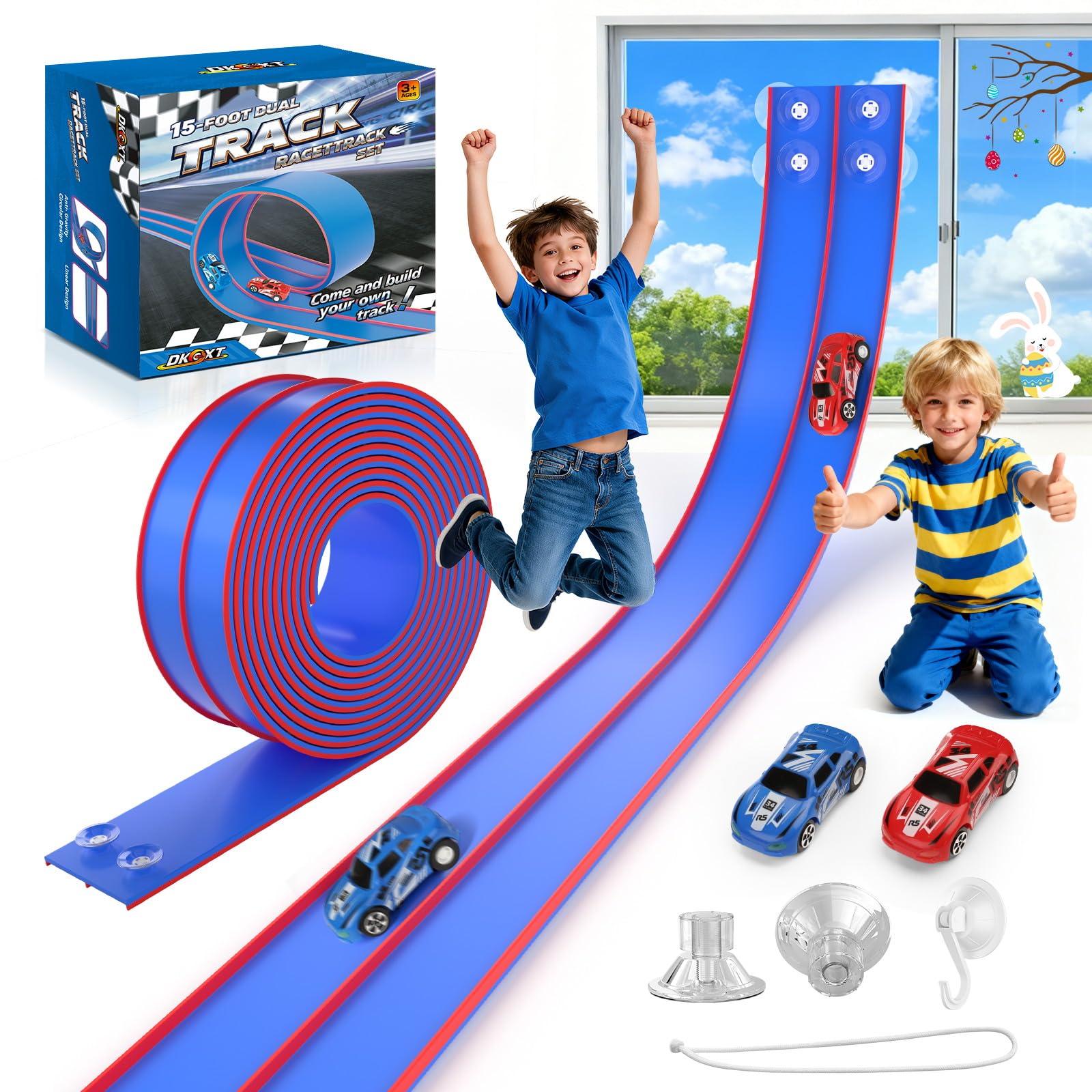 Photo 1 of DKOXT 15 Ft Flexible Race Track for Kids, DIY Car Track Set with 2 Toy Cars & 3 Suction Cup Ramps, Easter Basket Stuffers for Teens & Boys Girls, Creative Easter Gifts for Kids, Blue