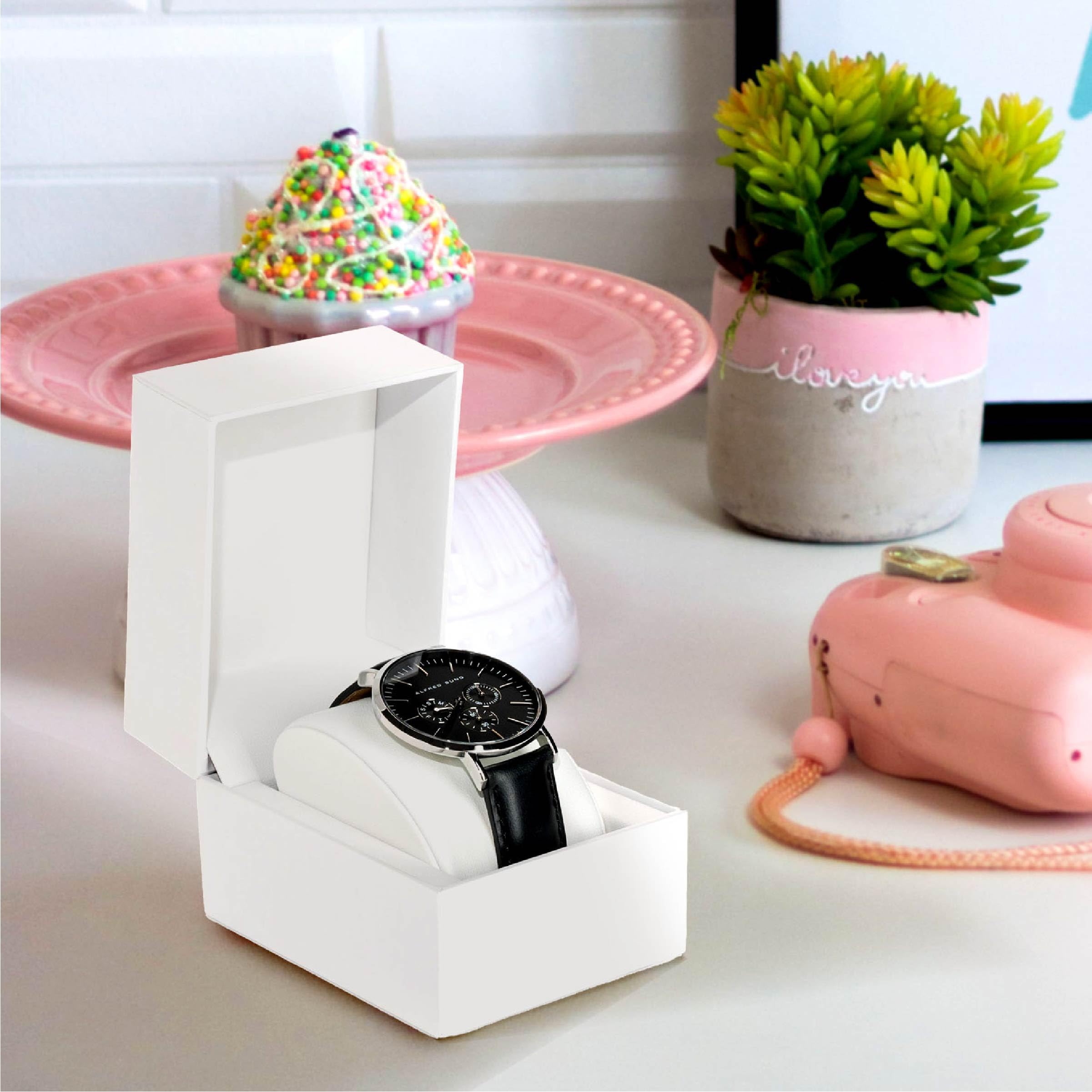 Premium White Watch Gift Box with Pillow – Single Watch case Storage Box PU Wristwatch Display Case Organizer for men and women for Christmas, Birthdays, Anniversary (White)