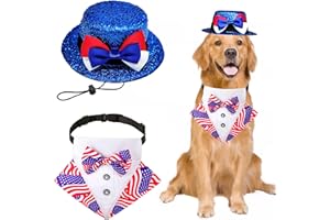 MIDUFRRY Dog Independence Day Costume 2Pcs Tux Bandana Shiny Pet Top Hat American Flag Dog Tuxedo Triangle Bibs 4th July Scarf Patriotic Holidays Outfit Dog Collar with Bow tie for Small Medium Large (Large)