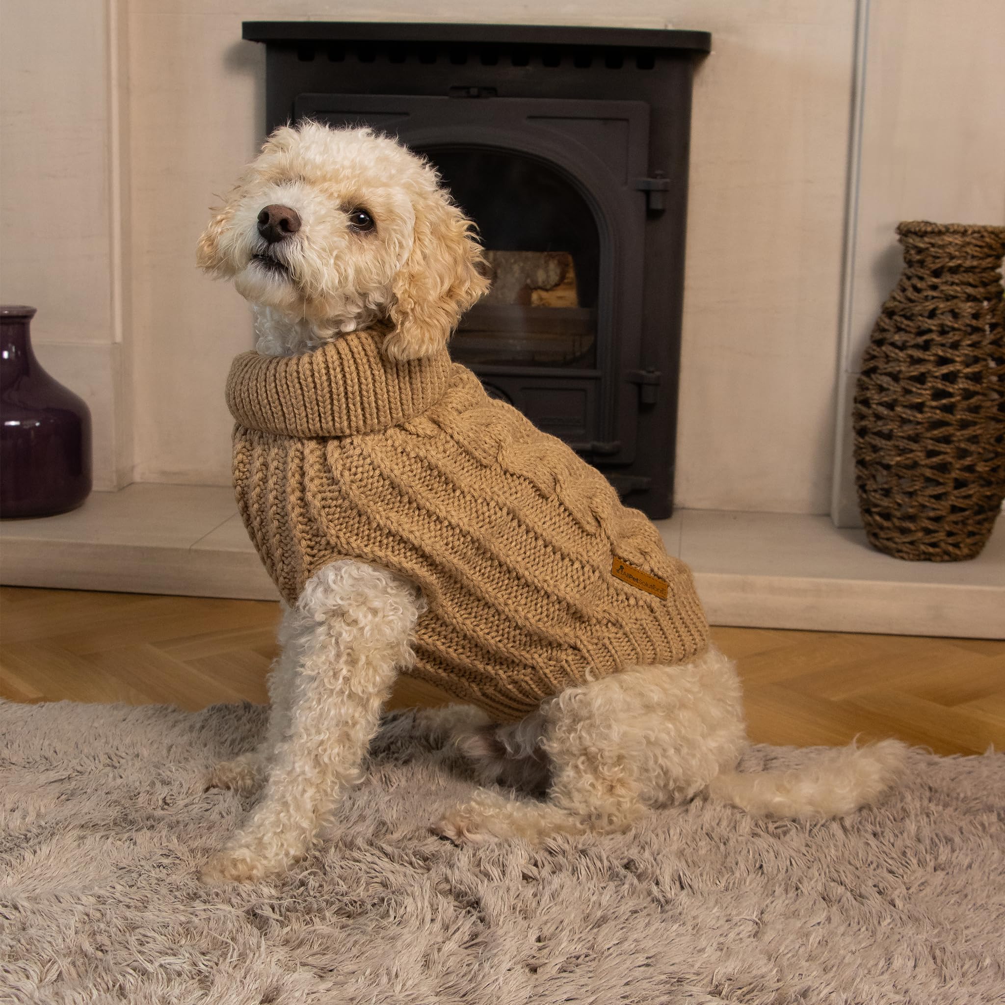 AllPetSolutions Fitted Puppy Sweater - Warm Dog Jumper Knitwear, Luxury Puppy Clothes - Knitted Clothing & Accessories for Dogs - Washable Dog Sweaters for Big-Size Breeds - Large, 40cm Long, Brown