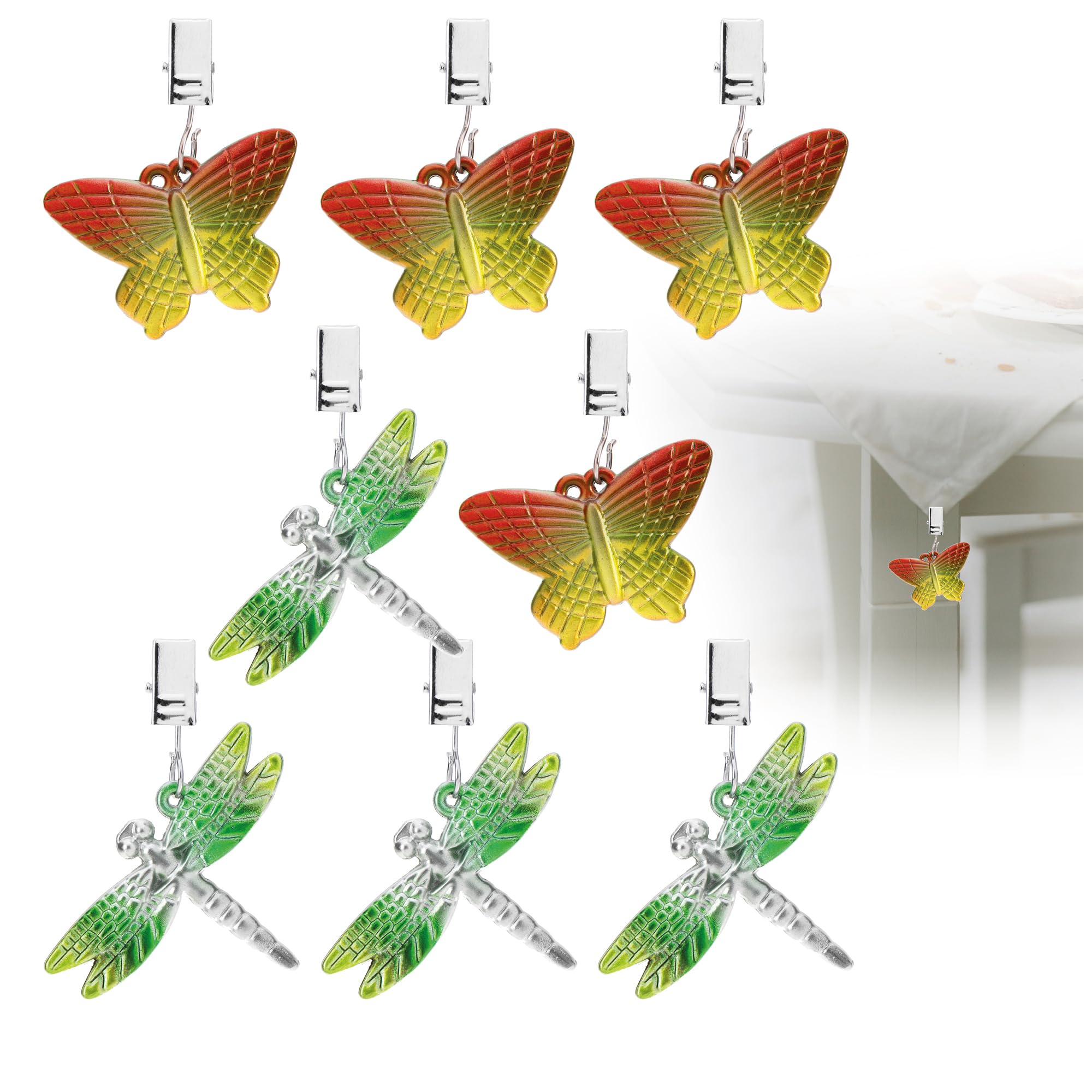 com-four® 8x Tablecloth Weights - Dragonfly & Butterfly Shaped - Nickel-Plated Cast Zinc - Approx. 35g Each - Red & Green