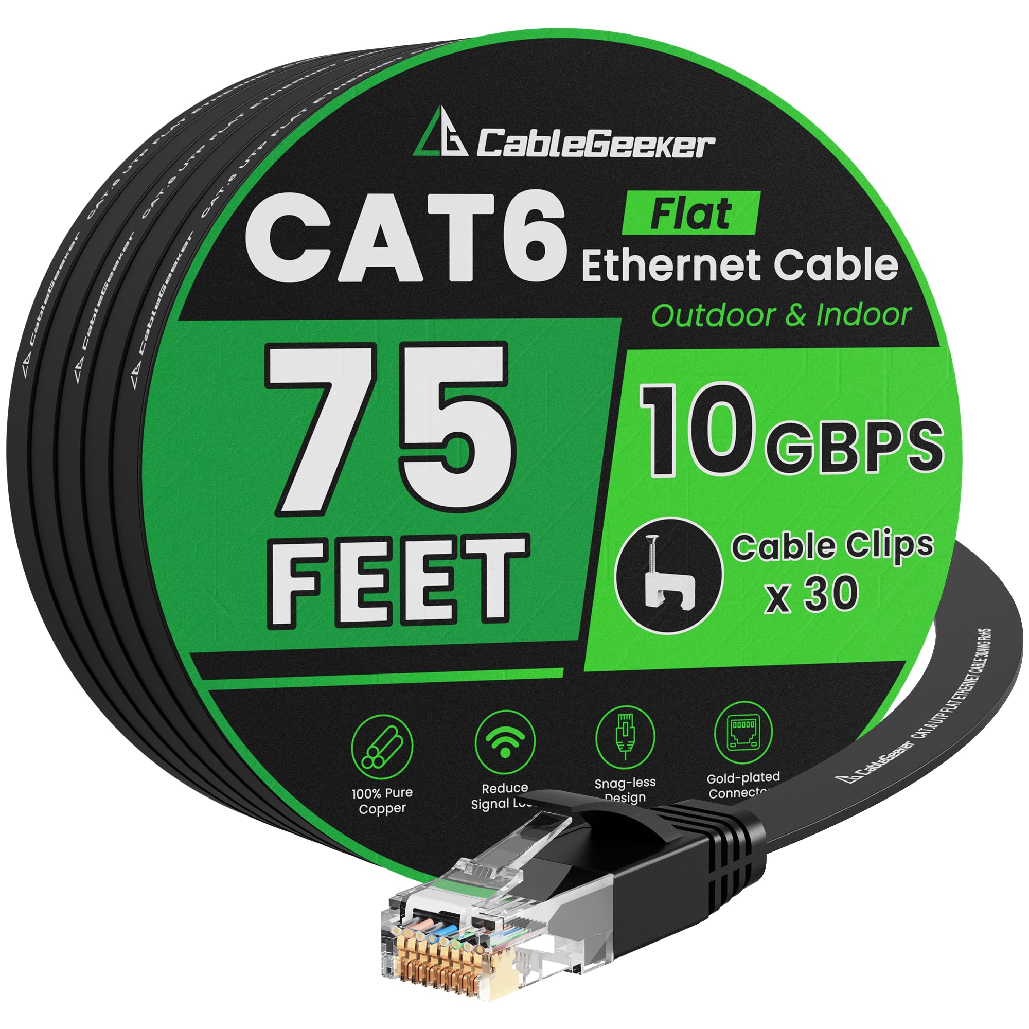 Cat 6 Ethernet Cable 50 ft (Green Connector for Cable Identification) Flat Internet Network Cable - Cat6 Ethernet Patch Cable Short - Black Cat6 Computer Cable + Free Cable Clips and Straps