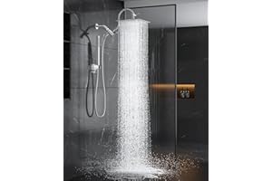 MAKEFIT All Metal Dual Shower Heads Combo with Curved Extension Arm, 10" Rain Shower Head with Handheld Spray, Square Adjustable Rainfall Showerhead System, 71" Extra Long Shower Hose, Chrome
