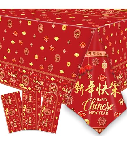 YIDAKO 3-Pack Chinese New Year Tablecloths – 54x108 Inch Disposable Plastic Rectangle Covers For 2024 Spring Festival Party