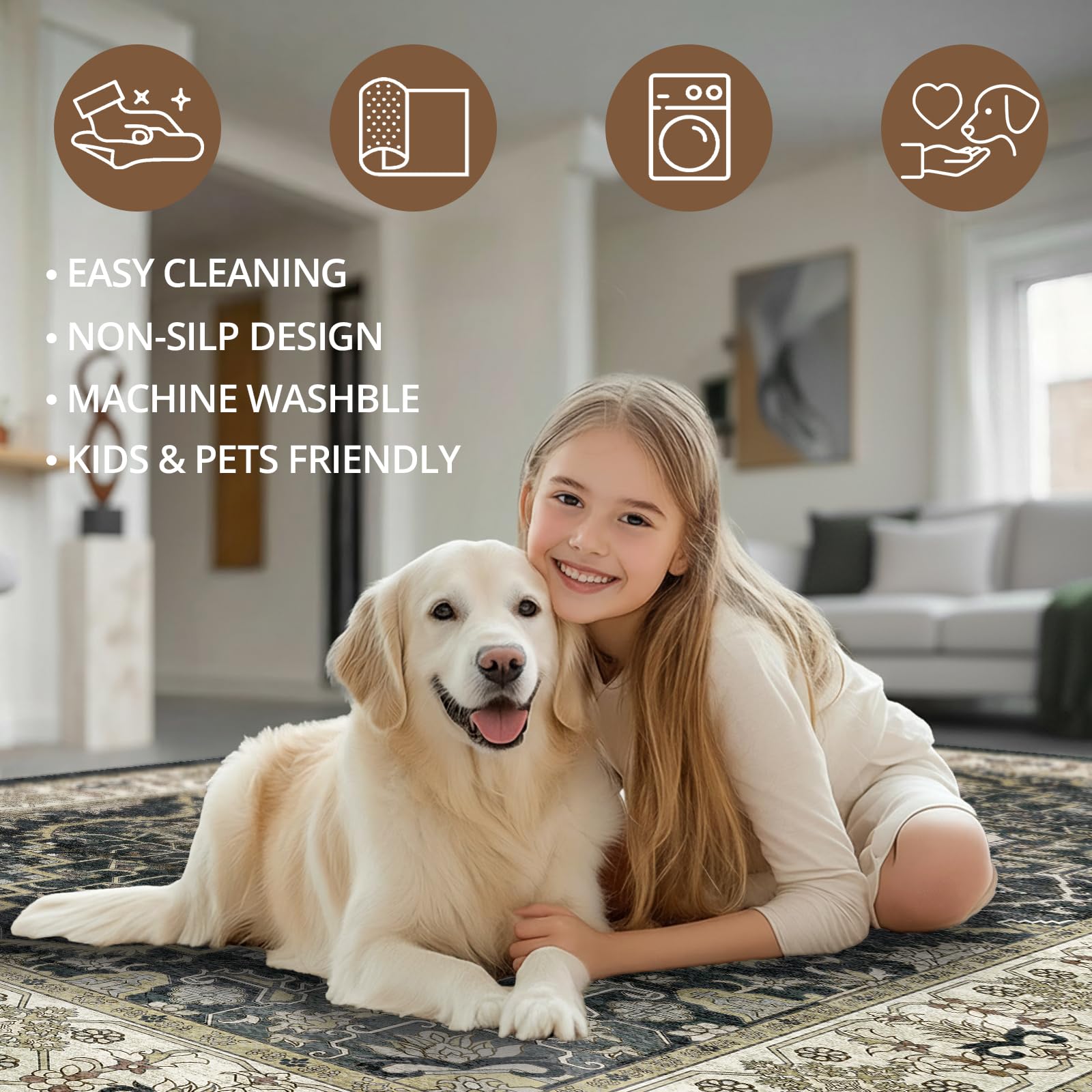 EiniHliw Washable Entryway Runner Rug - 2x3 Kitchen Rug Distressed Low Pile Mats Non Slip Soft Rugs for Dining Room with Rubber Backing Bedroom Runner with Vintage Design (Black 2x3)