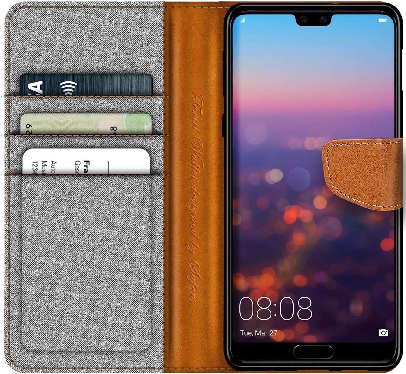 Verco Phone Wallet Case compatible with the Huawei P20, Canvas Faux Leather Book Cover for the P20 Flip Case Bag Hinged - Grey - Image 3