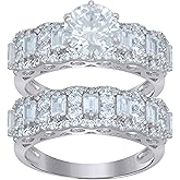Jewels By Lux Sterling Silver Womens Baguette Cubic-Zirconia Duo Bridal Anniversary Wedding Engagement Band Ring Set