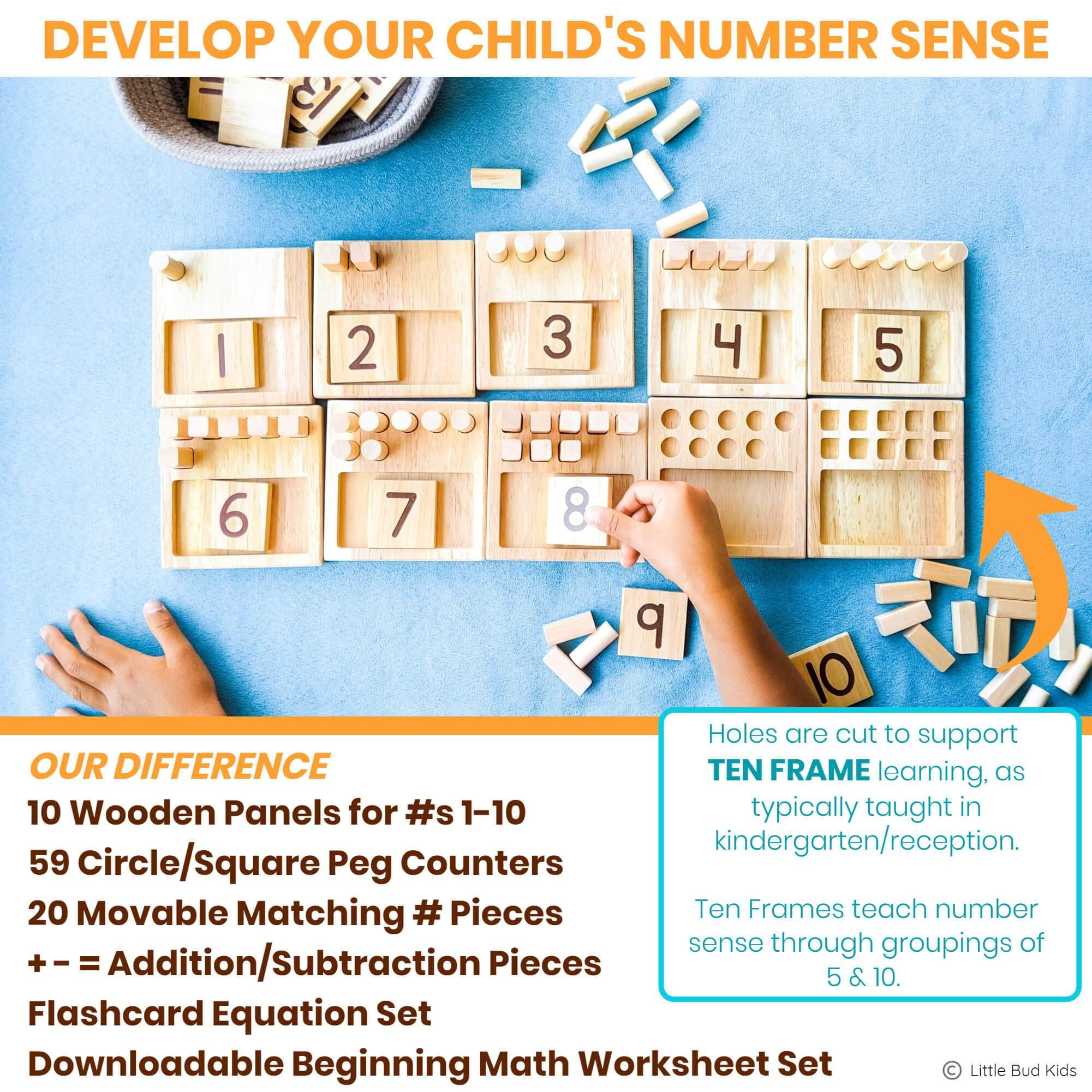 LITTLE BUD KIDS Counting Pegs - A Ten Frame Math Game with Addition and Subtraction Flash Cards, A Wooden Montessori Math Toy & Math Manipulatives Number Peg Boards for Kids 3 4 5 6 7