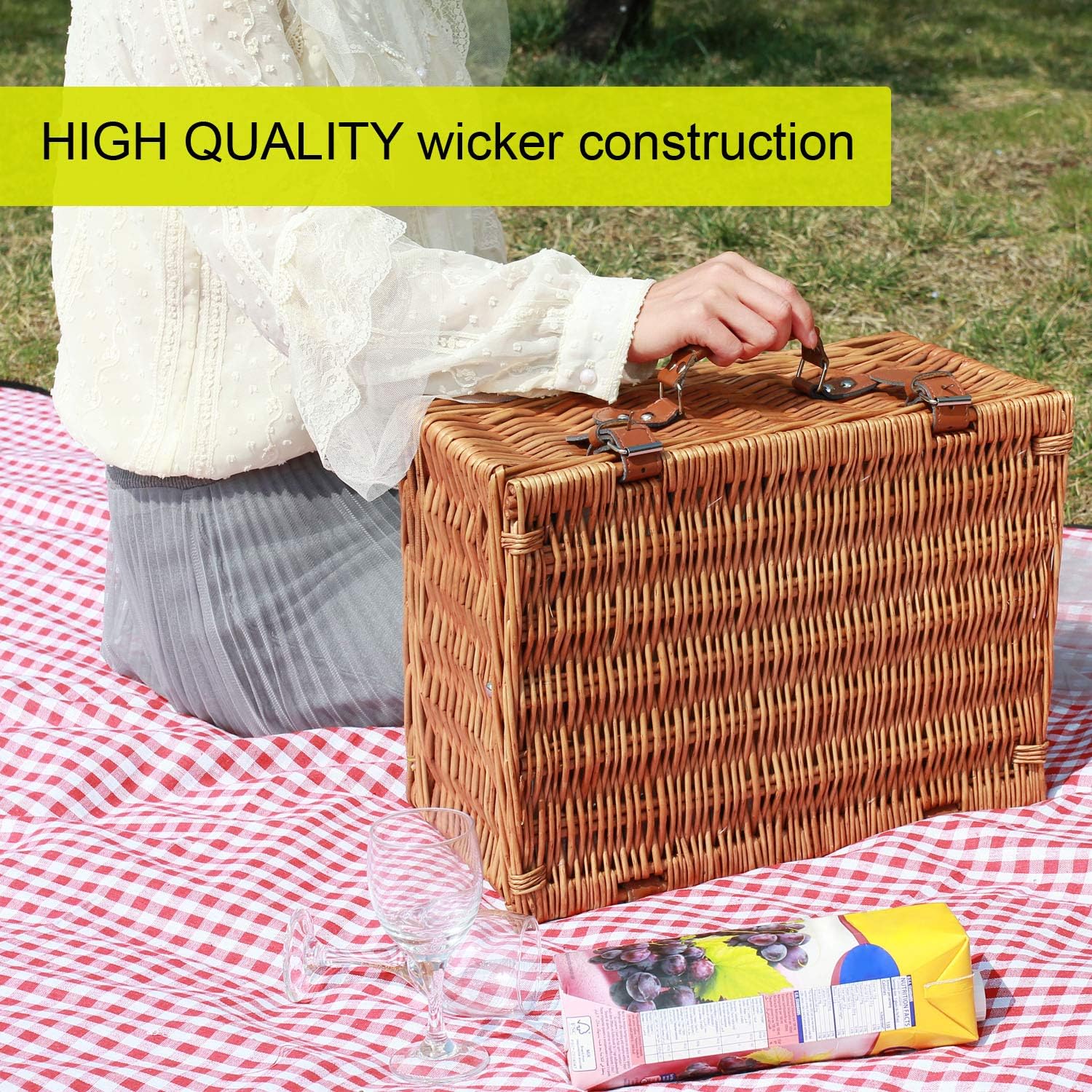 Willow Picnic Basket Set for 2 Persons with Large Insulated Cooler Bag and Classical Cutlery Service Kit | Wicker Picnic Hamper for Camping, Outdoor, Valentine Day, Chirtmas, Thanks Giving, Birthday : Garden & Outdoor
