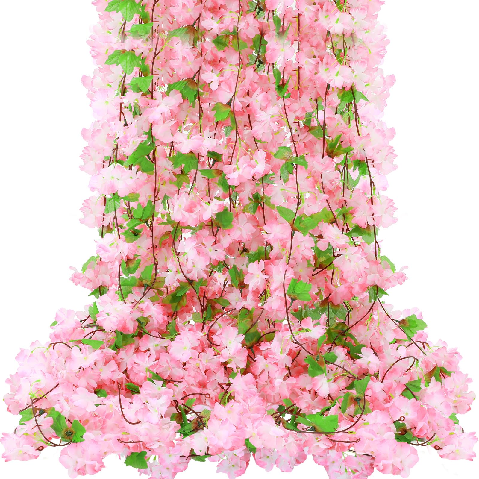 Photo 1 of Nuenen 12 Pcs 92.5 FT Artificial Cherry Blossom Flower Vines Bulk Faux Cherry Hanging Garland Pink Flower Vines Silk Pinks Flowers Garland with Green Leaves for Party Decor(Pink)