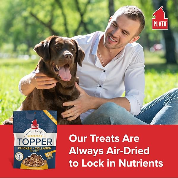 PLATO PET TREATS DOG FOOD TOPPERS – AIR-DRIED DOG FOOD TOPPERS FOR DRY FOOD – WITH COLLAGEN TO SUPPORT SKIN AND COAT HEALTH – CHICKEN AND COLLAGEN RECIPE 12OZ
