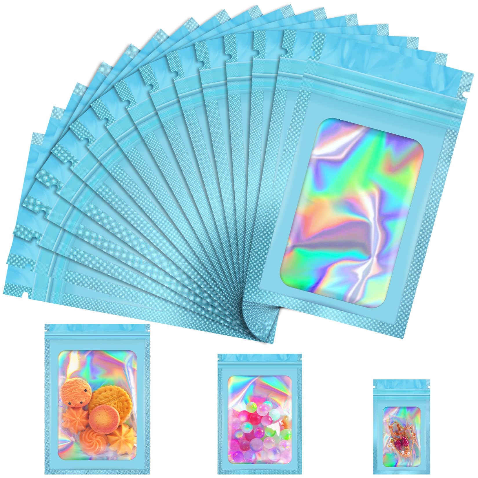 Photo 1 of JETMORE 100 Pcs Mylar Bags, Smell Proof Bags Foil Pouch, Holographic Resealable Bags for Small Business, Candy Sample Jewelry Bag Sealable Packaging for Party Favor Food Storage (2.4x3.9in-Blue)