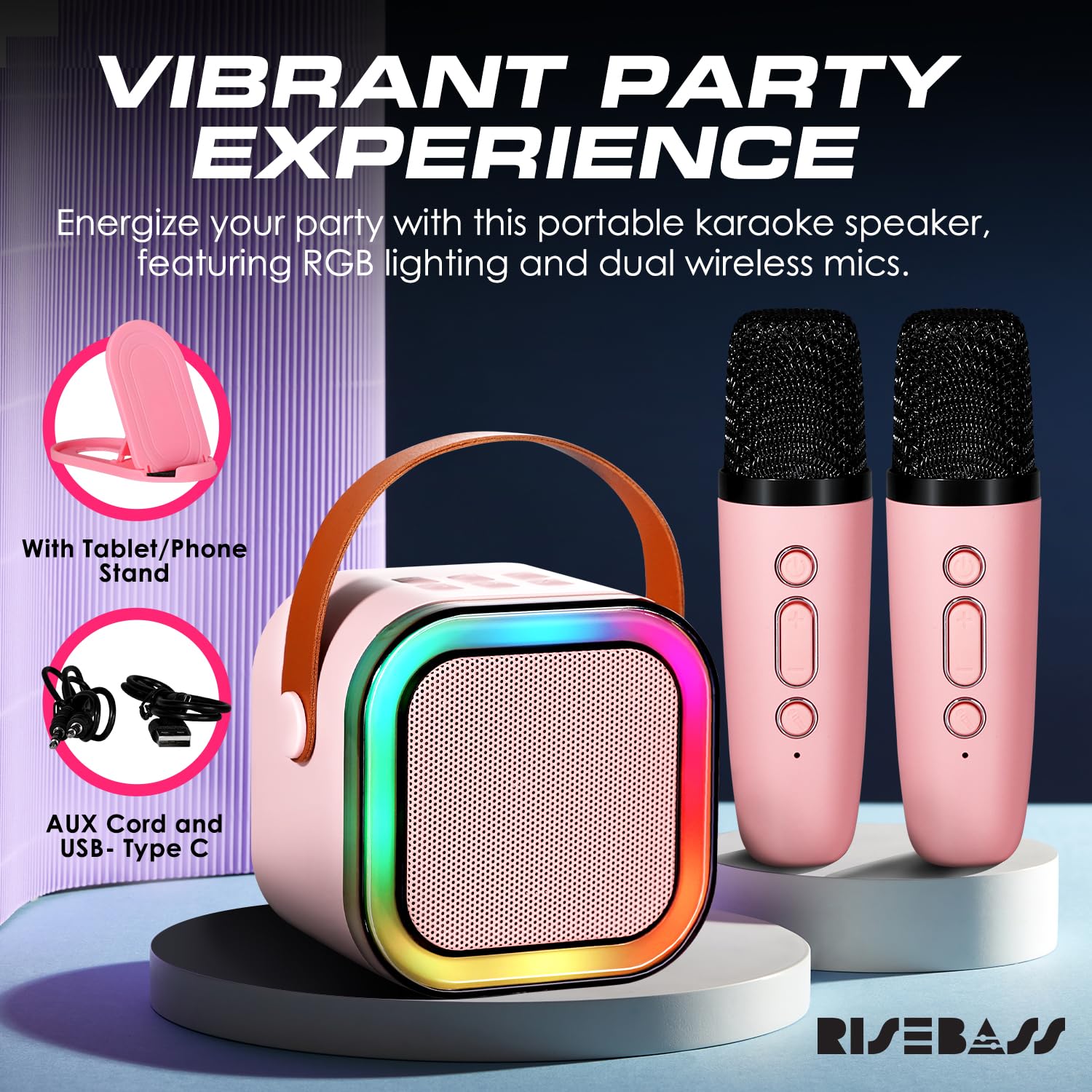 Risebass Mini Karaoke Machine for Kids Adults, Portable Bluetooth Speaker with 2 Wireless Microphones,Toys Birthday Gifts for Girls Ages 4, 5, 6, 7, 8,9,10,11,12+ Years Old Toddler Teens