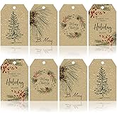 AnyDesign 120Pcs Christmas Plants Gift Tags with 98.4Ft Hemp Rope Vintage Kraft Color Christmas Favor Hanging Tag Christmas Wishes Labels for Xmas Party Celebration Seasonal Gift Wrapping, 4 Styles