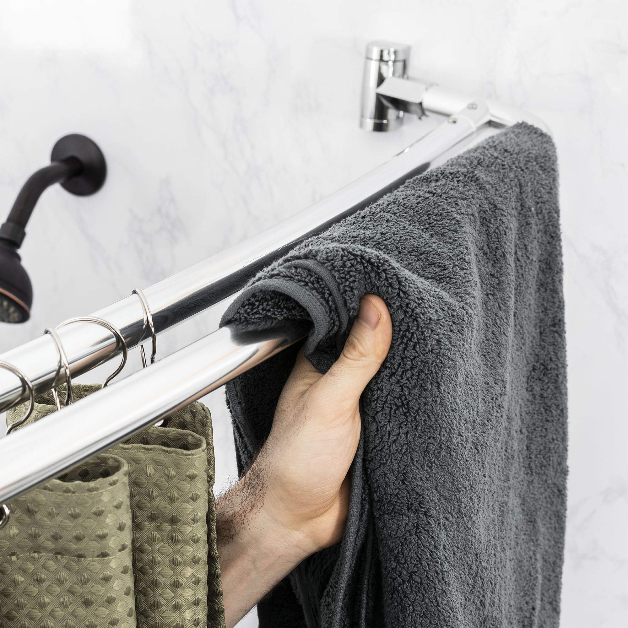 JS Jackson Supplies Double Curved Shower Rod, Metal Construction, Adjustable Between 44 to 70 Inches, Aluminum Rods and Zinc Mounting Hardware, Quality Modern Bathware, Chrome Finish