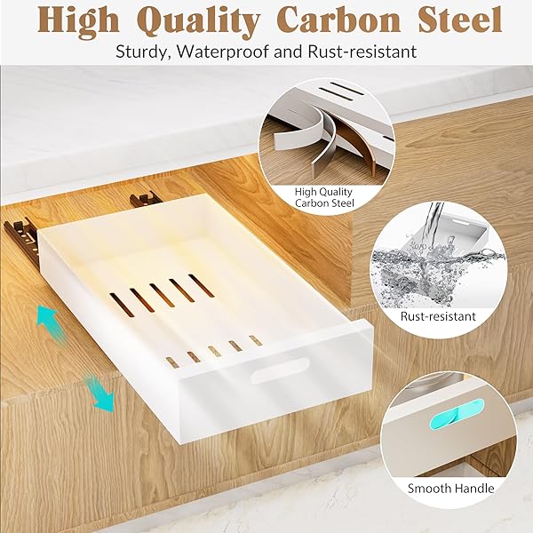 1 PACK | 21″ DEEP PULL OUT CABINET ORGANIZER ADHESIVE, 10-INCH WIDE STURDY CARBON STEEL ROLL-OUT DRAWERS FOR FACE FRAME OR FRAMELESS CABINETS,SLIDE-OUT SHELVES FOR PANTRY.