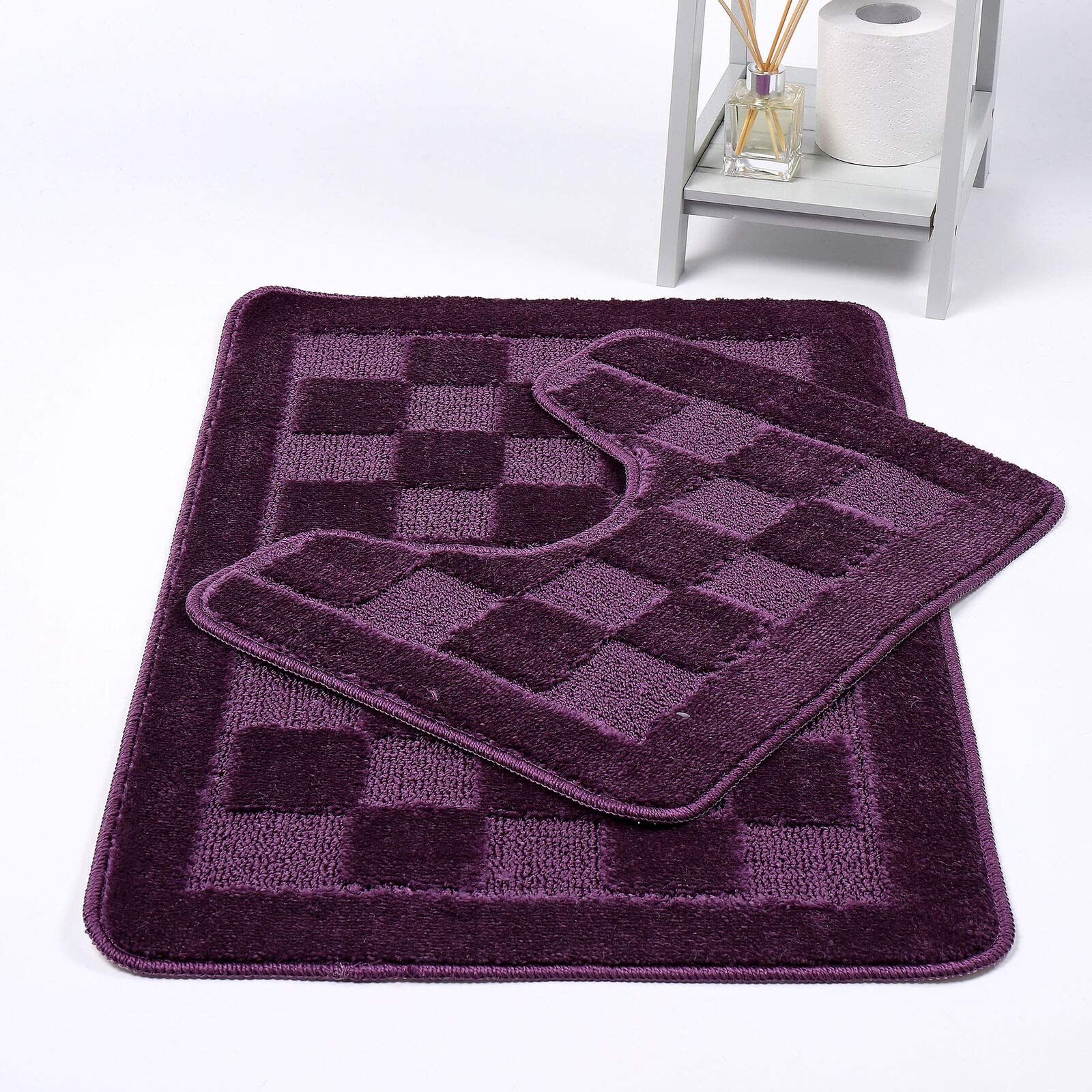 NIGHTZONE Squares 2 Piece Bath Mat & Pedestal Set Non Slip Extra Absorbent Bathroom Toilet Rug Bath Mats Set (Plum)