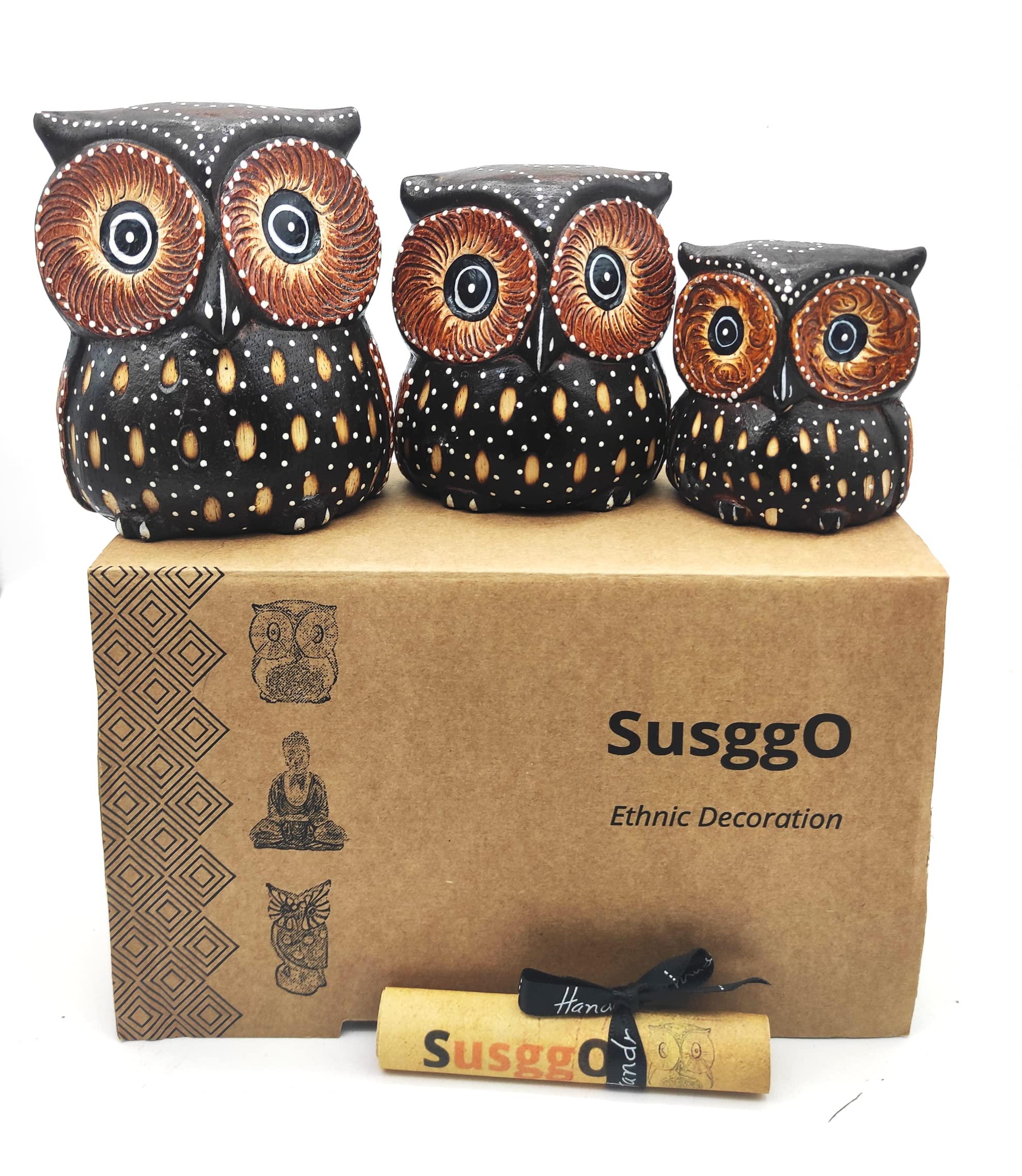 SusggO Set of 3 Decorative Wooden Owls, Owl Decoration, Owl Figures, Lucky Owls, (Brown, Dots, Model 4)