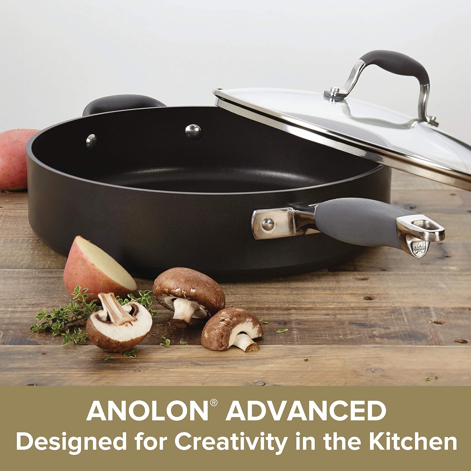 Anolon Advanced Hard Anodized Nonstick Saute Fry Pan with Helper Handle, 5 Quart, Gray: Analon Advanced Cookware: Kitchen & Dining