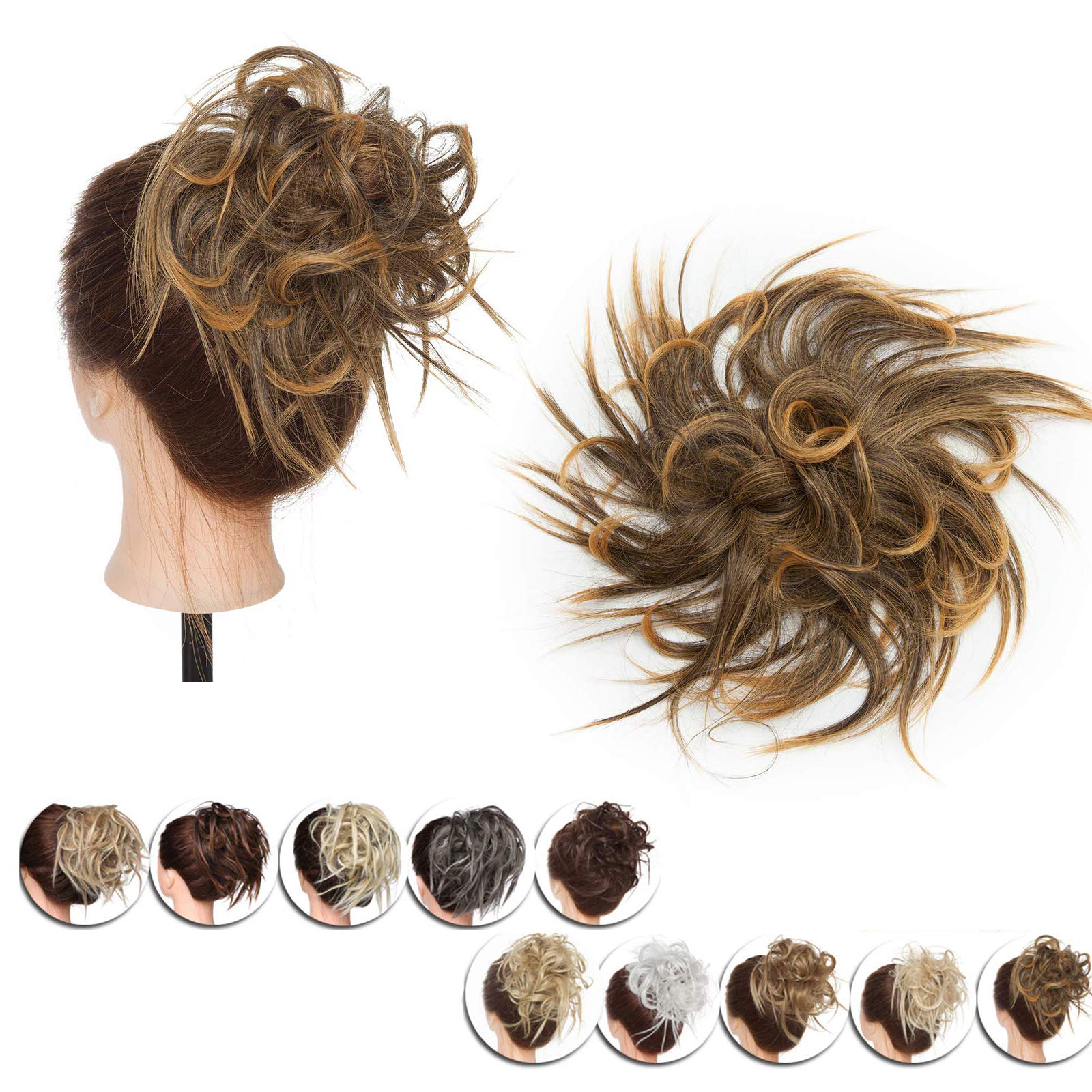 【45g] Updo Hair Bun Scrunchy Scrunchie Hairpiece Ponytail Extensions Short Curly Messy Donut Chignons Dark Brown & Orange [45g] — image 1