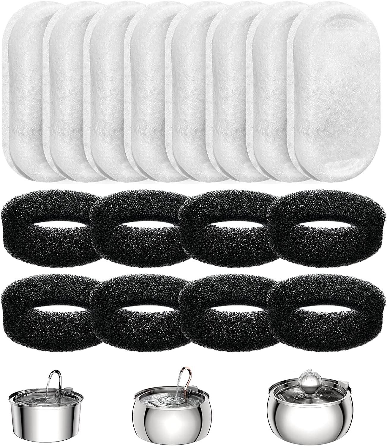 TOMXCUTE Cat Water Fountain Filters, Replacement Filter including 8pcs Activated carbon filter and 8pcs foam sponge