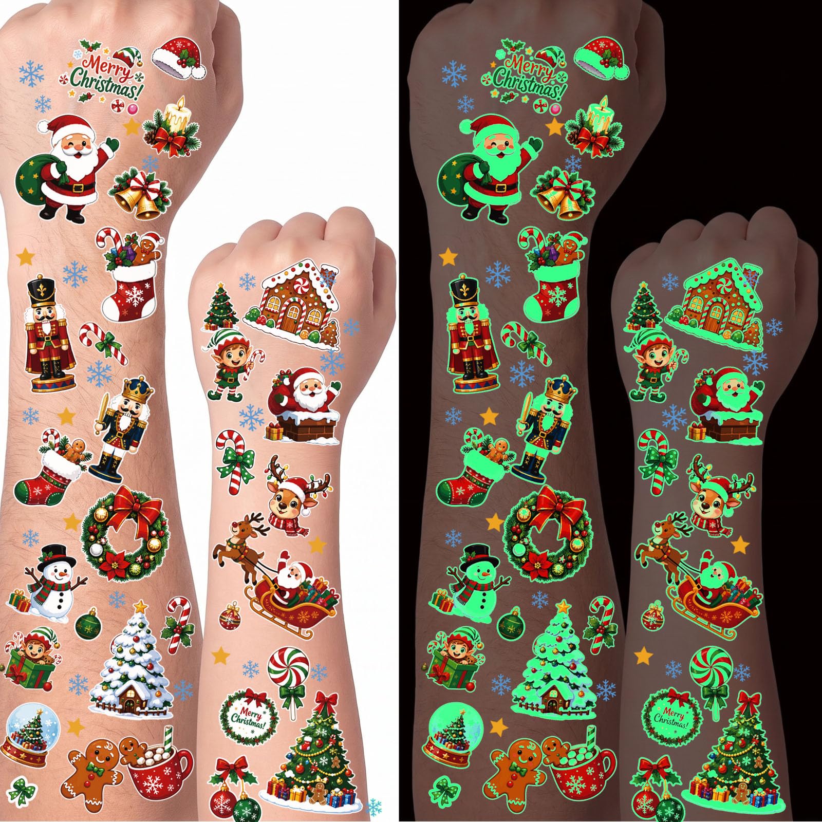 LovesTown 150PCS Christmas Glow in the Dark Temporary Tattoos, 20 Sheets