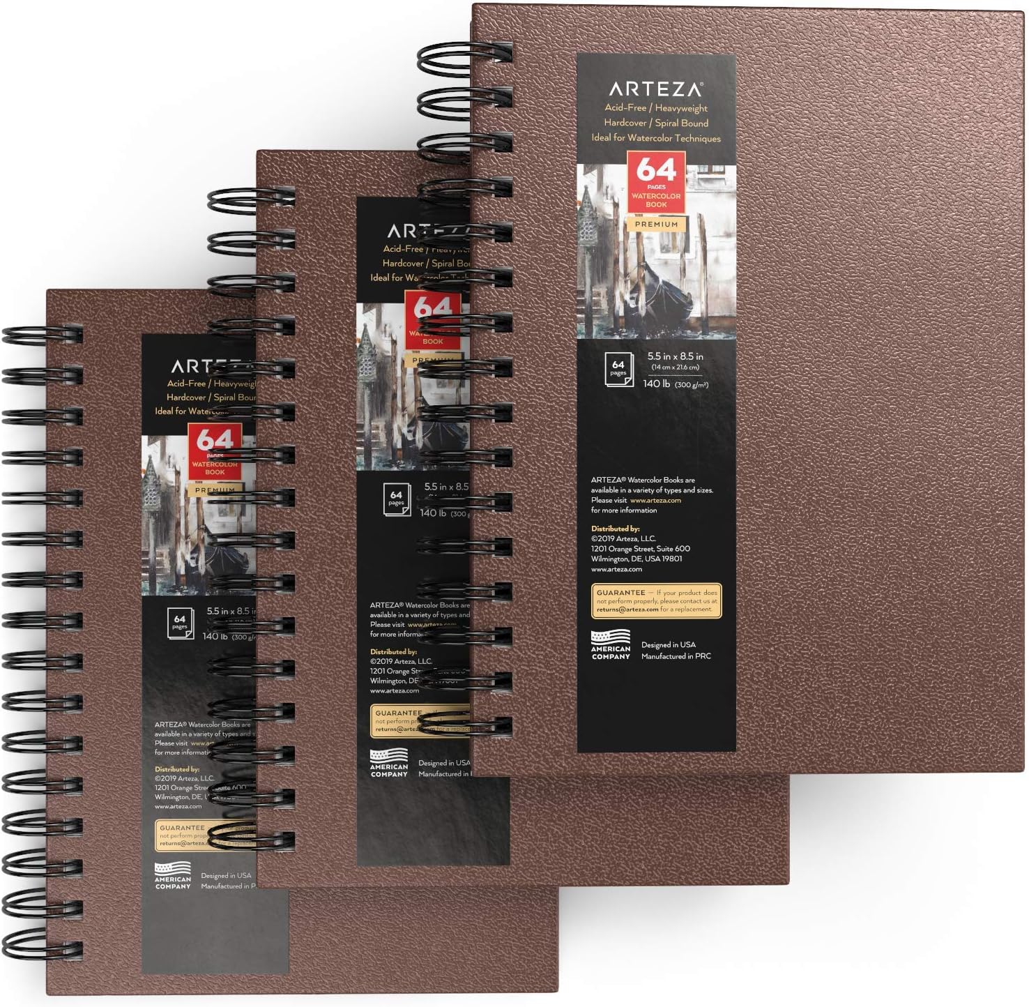 Arteza Premium Watercolour Sketchbook, 14x21.6 cm, 3 Pack, 96 Sheets, 300gsm Watercolour Paper Pad, Brown Hardcover Journal - Image 3