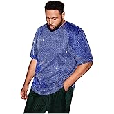 WDIRARA Men's Plus Size Giltter Round Neck T Shirt Short Sleeve Sparkly Party Tee Tops