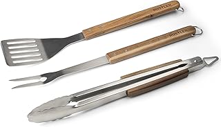 Rustler Grillbesteck Set aus hitzebeständigem Edelstahl mit langen Holzgriffen aus FSC® 100% Akazie | 3tlg Grillzubehör: Grillzange, Grillwender &amp; Grillgabel | inkl. Aufhängeöse &amp; Feststellmechanismus