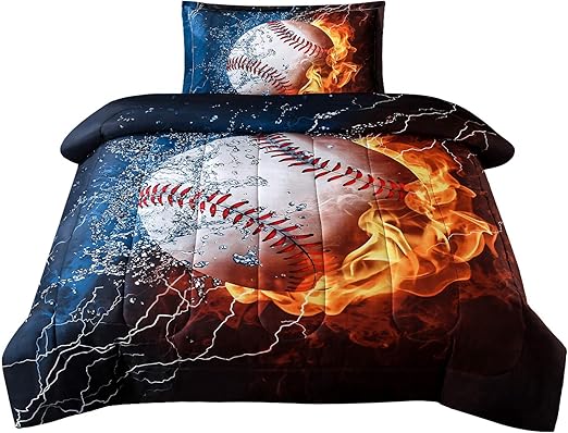 JQinHome - Juego de edredón individual con diseño de béisbol y fuego