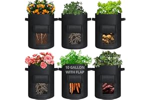 GOTGELIF 6-Pack 10 Gallon Potato Grow Bags, Reinforced Handle & Visual Flap & Thickened Nonwoven Fabric Pots for Growing Potatoes, Tomatoes, Carrots, Onion, Rose, Strawberry, Vegetable