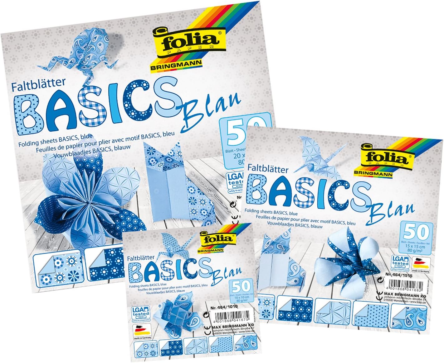 Folia Basics folding sheets, 80 g/qm, 50 sheets assorted in 5 designs, Blue, 10 x 10 cm - Image 3