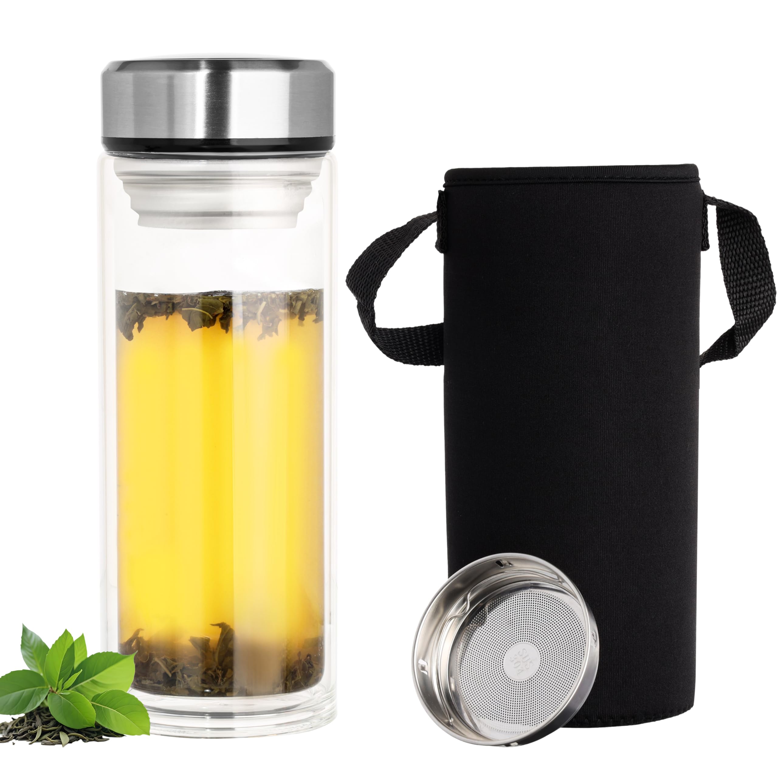BELLE VOUS Double-Wall Glass Tea Infuser Bottle - 900ml Borosilicate Water Bottle with Strainer & Cover - Travel Tumbler for Hot/Cold Brew Loose Leaf Tea