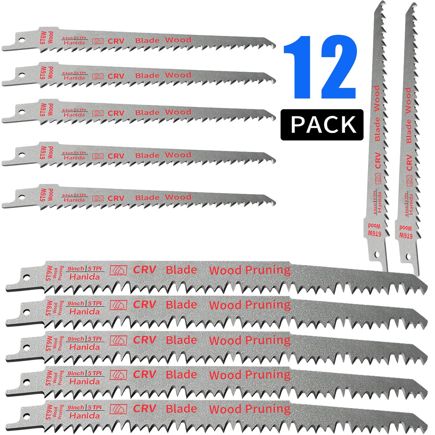 Hanida Reciprocating Saw Blade Set 12 Pack, 9-Inch 5-Pack and 6-Inch 7-Pack Sabre Saw Blades CRV Pruning Saw Blades for Metal and Wood Cutting