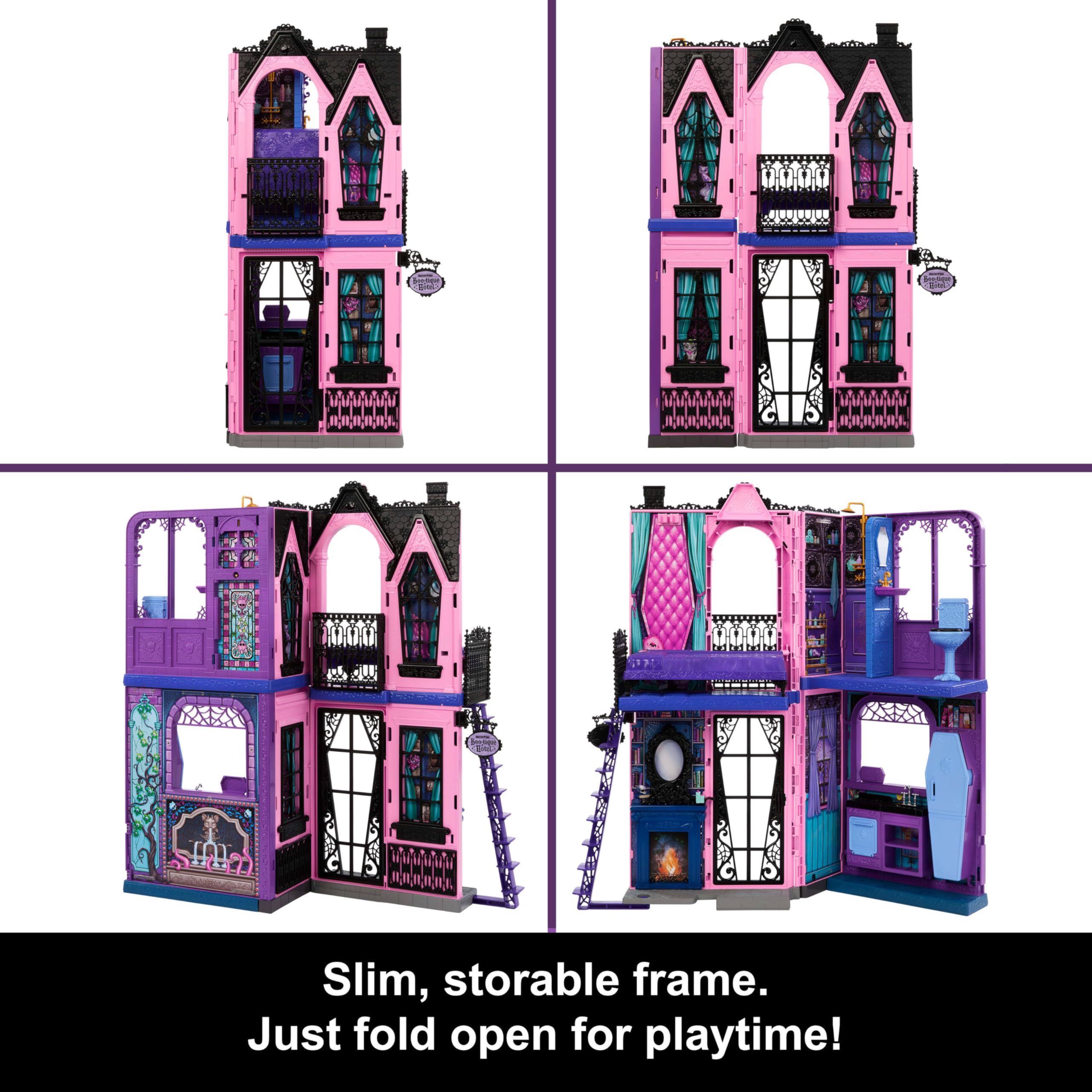 Monster High Boo-tique Hotel Doll House, Foldable Playset with Spooky Surprises in Every Room and 13+ Pieces Including Furniture and Accessories