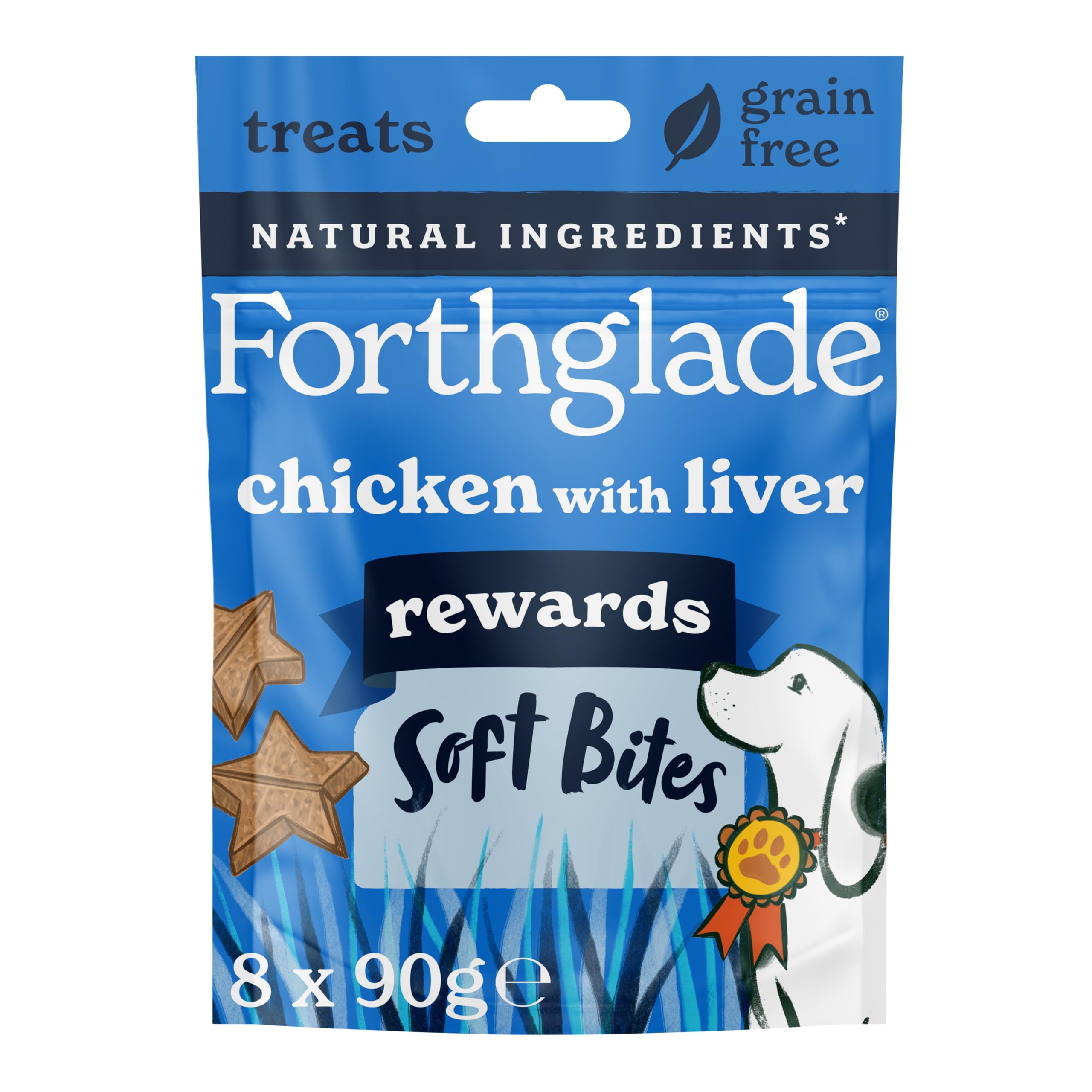 Forthglade Natural Dog Treats (8 x 90g Bags) - Hypoallergenic & Grain Free Dog Training Treats with Chicken and Liver, Baked Soft Bite Rewards, Resealable Bags