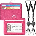 2 Pack Leather Badge Holder and Adjustable Retractable Lanyards, Quick Release Buckle and Safety Breakaway Lanyards with Swivel Metal Clasp for Offices, Staff, Students, Employees, Flax Red